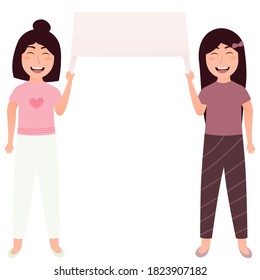 Group of girls protesting and holding in arms empty placard, little activists taking part in social meeting or parade in cartoon style