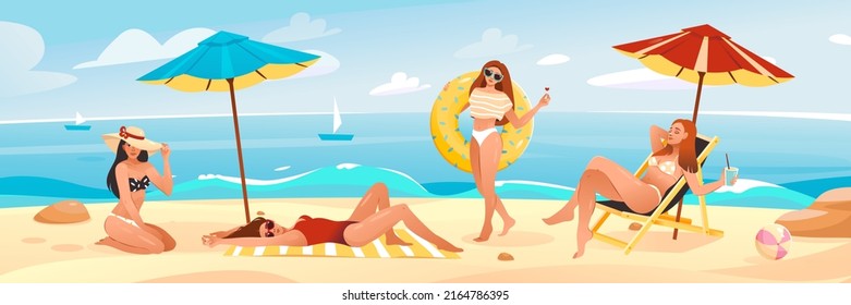 Un grupo de chicas se relajan en la playa, tomando el sol y paseando por el océano. Los personajes de caricatura destacan sobre un fondo blanco