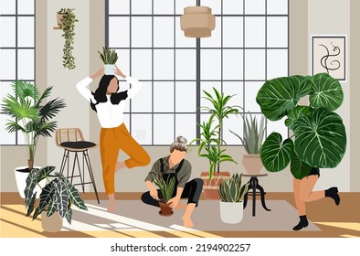 Group of girls spending time at home garden with plants growing in pots. Young women plant ladies caring for houseplants. Trendy vector illustration in flat cartoon style.