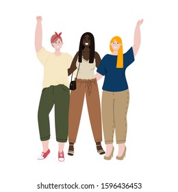 Group of girls standing together. Feminist, fist up. Hand with a fist up! Girls power, feminism concept, together we are stronger, sisterhood.