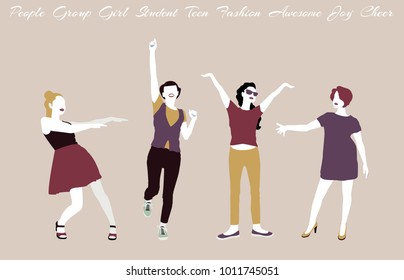 Group of girls, students, teenagers are dancing. Trendy isolated people characters on a beige background. Trendy color scheme. Womens Day, March 8. Flat design. Vector illustration