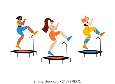 Grupo de chicas entrena en la sala de fitness en trampolines. Ilustración vectorial saltando fitness. 