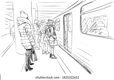 group of girls in warm winter clothes, coats and hats are standing on metro platform waiting for train open doors. City sketch vector drawing, Hand drawn illustration black on white