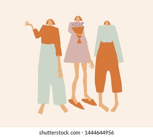 Group girls or woman dressed in trendy clothes in pastel colors. Modern flat icon design. People in casual hipster style. Female cartoon characters. Girl power concept. 
