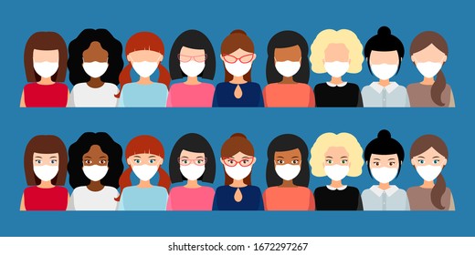 group of girls and women in medical masks, vector flat illustration. female portraits in masks for respiratory protection.