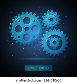 Group of glass blue neon gears on dark background.  Cog icon design. Vector illustration