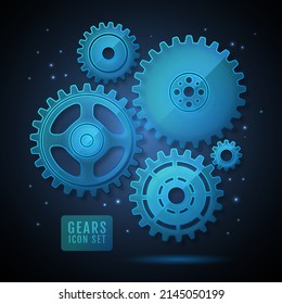 Group of glass blue neon gears on dark background.  Cog icon design. Vector illustration