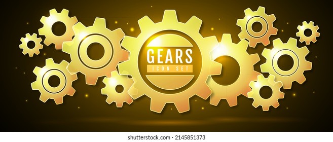 Group of glass yellow neon gears on dark background.  Cog icon design. Vector illustration