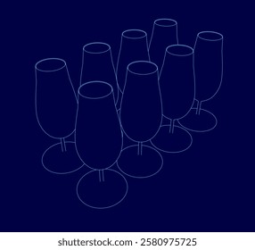 A group of glasses are shown in a blue background. The glasses are all the same shape and size, and they are all lined up next to each other. The image has a minimalist and modern feel to it