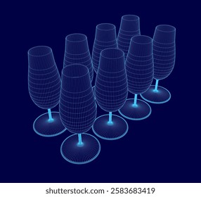 A group of glasses are shown in a blue background. The glasses are all different sizes and shapes, but they all have a similar design. The image gives off a feeling of sophistication and elegance