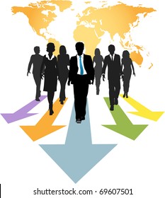 Group of global business people walk forward on progress arrows from a world map