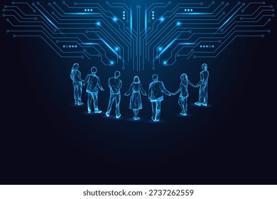 Group of glowing digital people connected to circuit system. Represents AI society, networked humanity, diversity and digital inclusion. Cyber neon blue vector with futuristic tech theme.