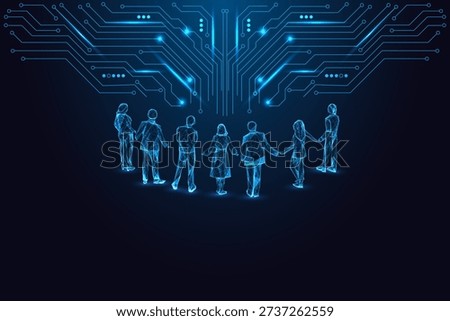 Group of glowing digital people connected to circuit system. Represents AI society, networked humanity, diversity and digital inclusion. Cyber neon blue vector with futuristic tech theme.