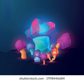 Group of glowing magic fantasy mushrooms or toadstools shining with blue luminescent light, flat vector illustration on fantastic night landscape background.