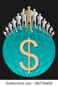 A group of glowing silhouettes of people standing on an abstract globe above a dollar sign.  Illustration for banners, logos, and presentations in various areas of business and management.
