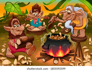 A group of gnomes are cooking mushroom soup. Vector fantasy illustration.