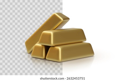 Group of Gold Bars Arranged in Casual Stack on Transparent and White Background, Ideal for Banking, Financial or Luxury Design Projects. Elegant Metallic Texture. Vector Illustration.