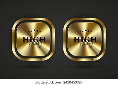 Group of Gold glued rectangles button with golden back side curling. 3d rectangle shaped blank paper labels vector illustration. Badges with golden shining.