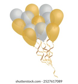 Group of Gold and Silver Balloons with Gold Ribbons. Elegant Balloons, Vector.