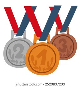 grupo de medalhas de ouro, prata e bronze para o primeiro, segundo e terceiro lugares, medalhas redondas de metal suspensas em fitas azuis e vermelhas ficam atrás umas das outras. Design gráfico plano vetorial, ilustrações