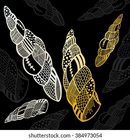 Group of golden seashells with shadows on black background