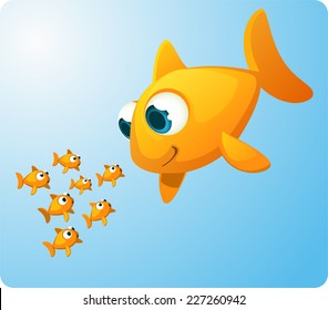 Group of Goldfish looking amazed at a giant Goldfish smiling at them. Surprised and amazed little fish staring at an equal, but enormous fish of their specie vector illustration. 