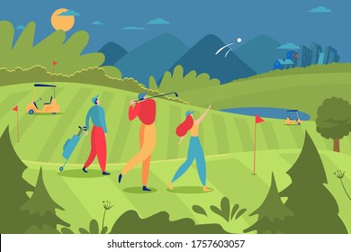 Group golfer people character male female playing golf luxury sport cartoon vector illustration. Great shot impact training ecological landscape. Rich man woman fun expensive athletic activity