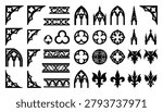Group of gothic architectural decorative elements. ornate frames, borders, church windows, gargoyles, and fleur de lis.