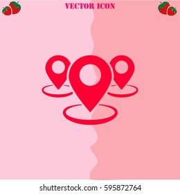 Group of GPS  vector  icon. Strawberry Background.