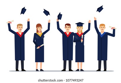 Group of graduate students at graduation ceremony. Cheerful graduates celebrate, throw caps in air. Flat design vector illustration