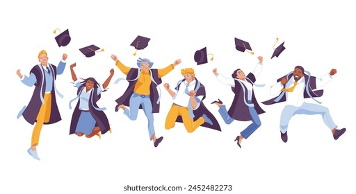 Un grupo de estudiantes graduados saltan juntos. Felicidad. Diploma. Ilustración plana de Vector