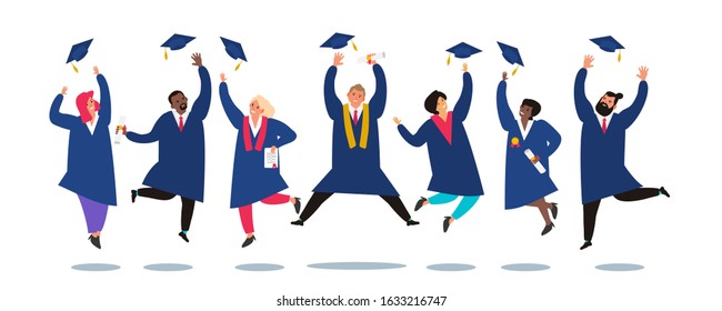 group of graduate students jumping and throwing graduation caps in air vector illustration