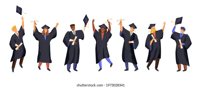 Group of graduate students wearing gown and graduation cap. University students hold diploma and celebrate graduation day. People isolated, vector illustration. College ceremony, academic degree