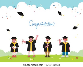 Group of graduated children wearing graduation dress, cap and holding diploma are happily celebrating school graduation. Flat cartoon vector illustration. Kindergarten, Preschool graduation.