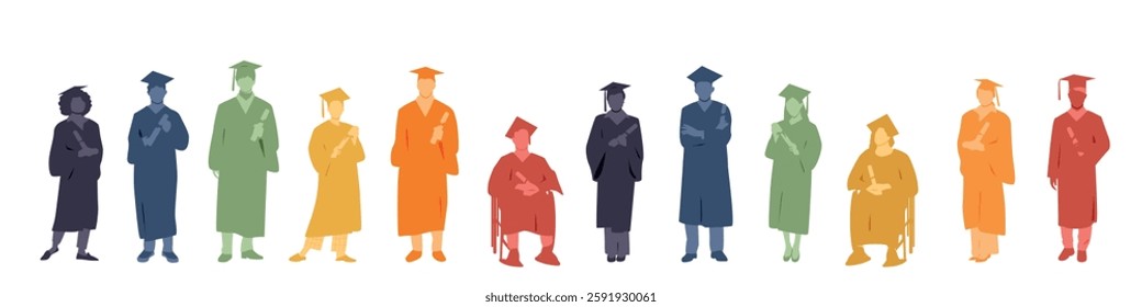 Group of graduated students, wearing academic gowns and graduation caps, holding diplomas.
