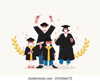 Group of graduated students wearing masks, academic dress, graduation cap and holding diploma are happily celebrating college graduation during coronavirus quarantine with Gold Laurel Wreath.