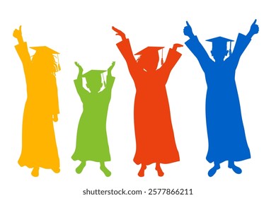 Group of graduates children in square academic caps. Cheerful people, colorful silhouette. Graduation ceremony. Vector  illustration.