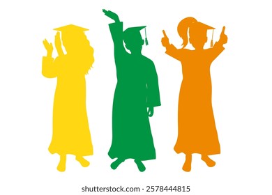 Group of graduates children in square academic caps. Cheerful people, colorful silhouette. Graduation ceremony. Vector  illustration.