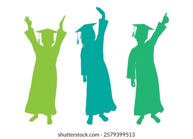 Group of graduates children in square academic caps. Cheerful people, colorful silhouette. Graduation ceremony. Vector  illustration.