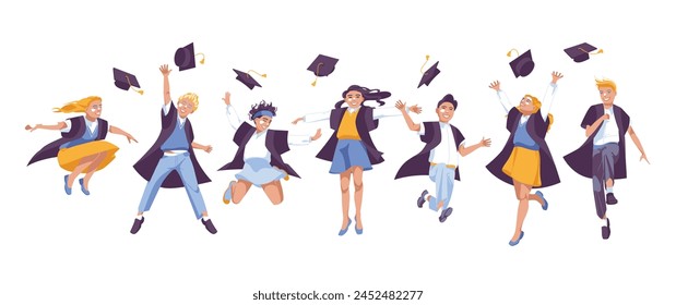 A group of graduates jump together. Children. Happiness. Diploma. Vector flat illustration