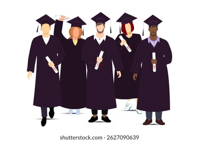 A group of graduates stand together. They are dressed in academic clothing and holding their diplomas. This shows that they have successfully completed their education. Vector Not AI generated