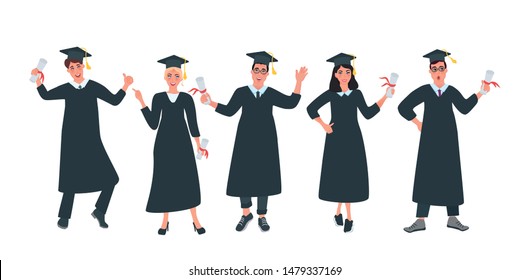 Group of graduates students with diplomas. Happy young students. Vector illustration