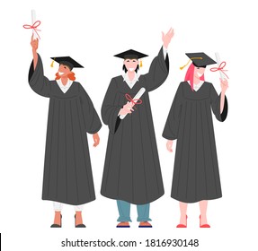 Group of graduates students holding diplomas flat vector illustration. Happy characters girls and boy in the form of university graduates. Education and student life concept.