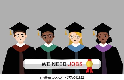 Group Of Graduates Wearing Graduation Gowns Graduated From University While Jobless And Economic Depression Due Covid-19 Pandemic Concept. Unemployment Problems And Labor Market Crisis. Vector