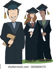 Grupo de estudiantes graduados juntos. Estudiantes universitarios de ambos sexos. Ilustración vectorial de estilo plano aislada en fondo blanco.