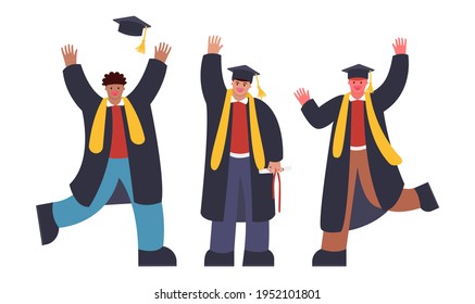 Group of graduating students standing together. With a headdress, with a report card, funny and happy characters, of different nationalities, in a flat style