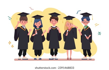 Group of graduating students standing together. Vector people illustration.