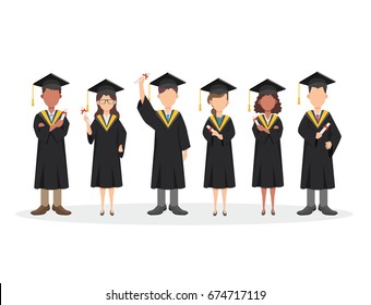 Group of graduating students standing together. Vector people illustration.