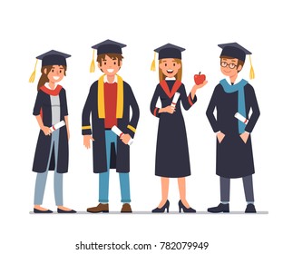 Group of graduating students standing together.  Flat style vector illustration isolated on white background.