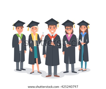 Group of graduating students standing together. Vector people illustration.
